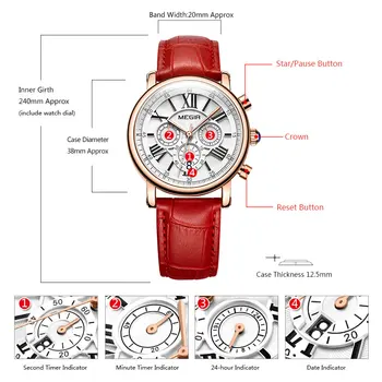 Megir 24 Hod. Chronograf Zobrazenie Analógové Quartz Hodinky pre Lady Dievča dámskej Módy Nepremokavé Červený Kožený Popruh Náramkové hodinky