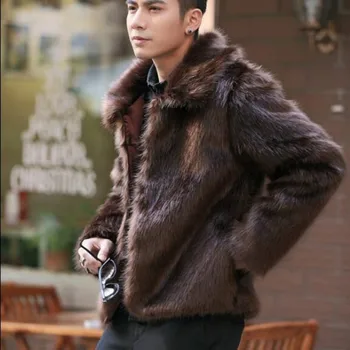 Muži, nové zimné čierne Luxusné módne faux kožušiny kabát Fox kožušiny Zase dole Golier plný kožuchy mužov kožušiny bunda jaqueta Veľkosť 3XL