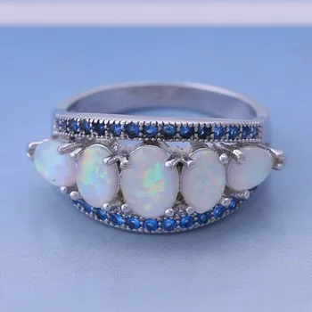 Móda Modrá Cubic Zirconia White Fire Opal 925 Sterling Silver Ring Darček Strany Svadobné Oválne Opal prstene pre ženy R186