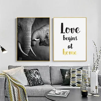 Nordic Čierny a Biely Slon a Písmená Wall Art Plagáty a Postery Láska sa Začína Doma Plátno na Maľovanie Domova Frameless