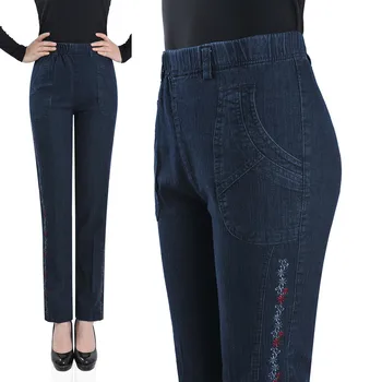 Plus veľkosť 2018 Jar a na jeseň, vyšívané džínsy žena rovno vysoko elastický pás ženy džínsové nohavice
