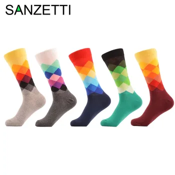 SANZETTI 5 pair/veľa Mužov Argyle Farebné Ponožky Happy Socks Kosoštvorec Česanej Bavlny Ponožky