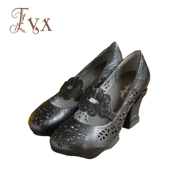Tayunxing originálne kožené topánky ručne vyrábané duté kvet ženy sandále vysokým podpätkom slip-on pohodlie retro 8062-17C