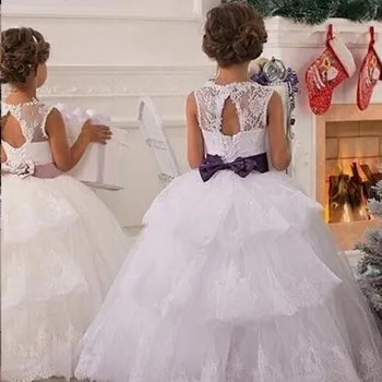Vianočné Biela Kvetina Dievča Šaty 2018 Čipky Čipky Appliques plesové Šaty, Vrstvený Organza Svadobné Party Šaty pre Dievčatká