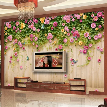 Vlastné Nástenné Tapety Zelené Viniča Motýľ Ruže Kvet drevená Doska Pozadie Dekorácie Maľovanie nástenná maľba Obývacia Izba TV na Stenu Papier