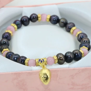 Vysoký stupeň ženy, dievčatá strana darčeky 7-8mm prírodné black pearl ružová mačka oči okrúhle korálky korálkové náramky šperky 7.5 palcový B2800
