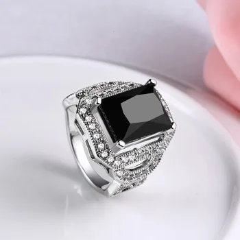 Výročie Krúžok Čierny Zirkón bielej CZ Striebro Módne šperky dámske Prstene veľkosť 6 7 8 R2079