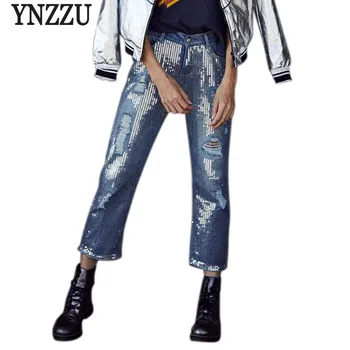 YNZZU Plus Veľkosť Flitrami Džínsy Ženy 2018 Nové Jarné Elegantné Rovné Denim Džínsy Európskej Bežné Roztrhlo Otvor Džínsy Streetwear YB174
