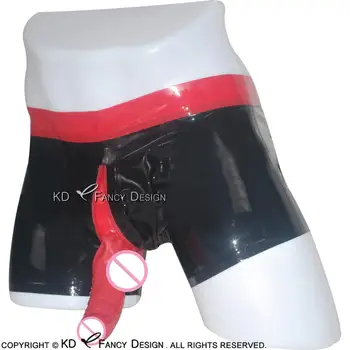 Čierne S Červenými Sexy Latexový boxerky S Penis Plášť Zips Na Prednej Gumy Bielizeň Chlapec Šortky Dna DK-0030